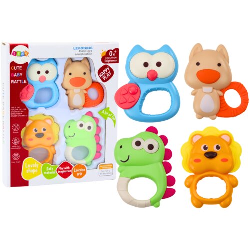 Lean_Toys Komplet ropotulj, grizala, pisane pastelne živali, 4 kosi Cene