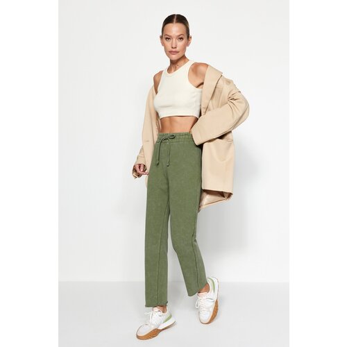 Trendyol Khaki Anti-aging/Faded-Effect Straight Fit Thin, Knitted Sweatpants Slike