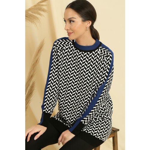 By Saygı Zigzag Pattern Collar And Sleeve Ends Striped Comfort Fit Knitwear Tunic Slike