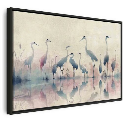  Slika - Birds by the lake - herons painted in watercolour in delicate grey and pink colours 120x80 U crnom drvenom okviru Cene