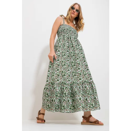 Trend Alaçatı Stili Women's Almond Green Strap Skirt Flounce Floral Patterned Gimped Woven Dress