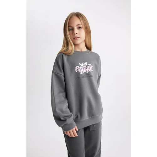 Defacto Girl's Oversize Fit Crew Neck Printed Soft Fuzzy Thick Sweatshirt