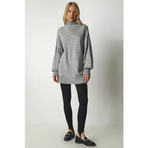 Happiness İstanbul Women's Gray Stand Up Collar Oversize Basic Knitwear Sweater