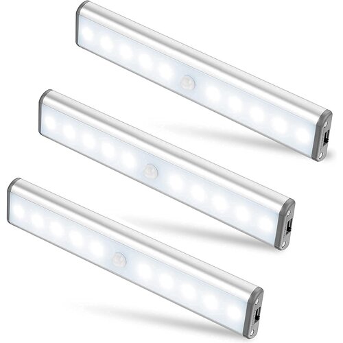 Venisymlis 3 Kosi 10 Led Nočnih Luči S Senzorjem Gibanja Za Ponovno Polnjenje Za Omare, Omare, Srebrna, (22068348) Slike