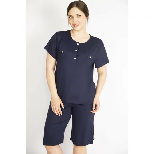 Şans Women's Navy Plus Size Blouse with Metal Buttons at the Front Pops and Legs and Capri Double Suit.
