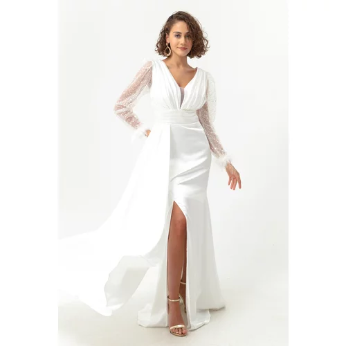 Lafaba Women's White V-Neck Long Evening Dress with a Slit with Stones on the sleeves.