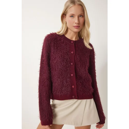 Happiness İstanbul Women's Burgundy Soft Bearded Knitwear Cardigan