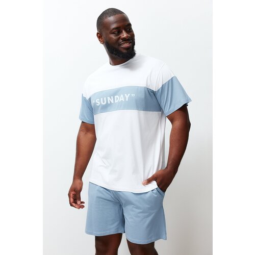 Trendyol Blue and white Color Block Regular Fit Printed Large Size Shorts Pajamas Set Slike