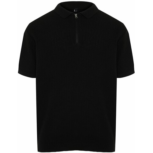 Trendyol Black Regular Fit Openwork Zippered Knitwear Polo Collar T-Shirt Slike