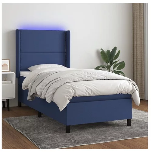  Box spring postelja z vzmetnico LED modra 90x200 cm blago