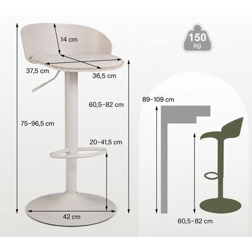  Komplet 2 barskih stolov, vrtljiv za 360&amp;deg;, nastavljiva vi&amp;scaron;ina, nosilnost 150 kg, 42 x 42 x 75&amp;ndash;96,5 cm, bež Slike