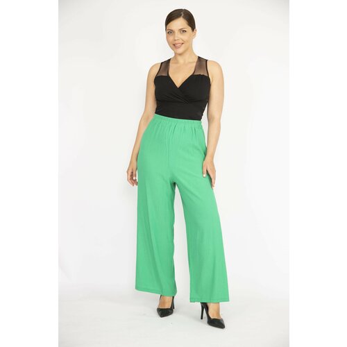 Şans Women's Green Plus Size Wide Leg Aerorobin Fabric Pants with Elastic Waist. Slike