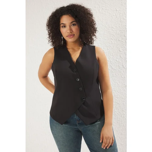 Trendyol Curve Black Regular Asymmetric Buttoned Large Size Woven Vest