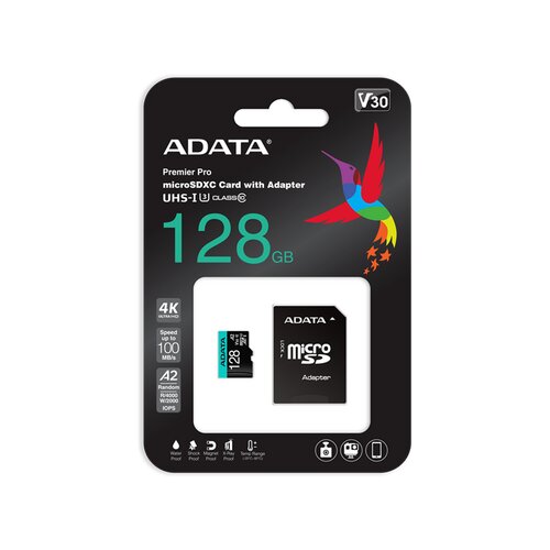 Adata UHS-I U3 MicroSDHC 128GB V30S class 10 + adapter AUSDX128GUI3V30SA2-RA1 memorijska kartica Slike