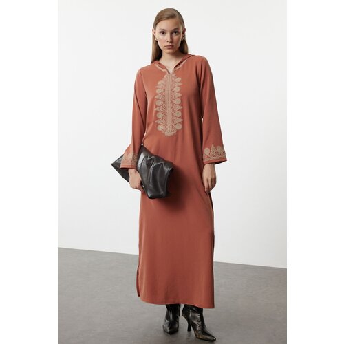 Trendyol Woven Kaftan with Cinnamon Hood and Embroidery Detail Cene