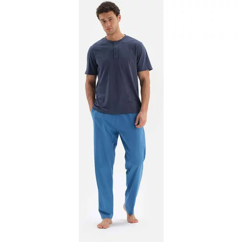 Dagi Navy Blue Half-Pleat Short Sleeved Cotton Modal Pajamas Set