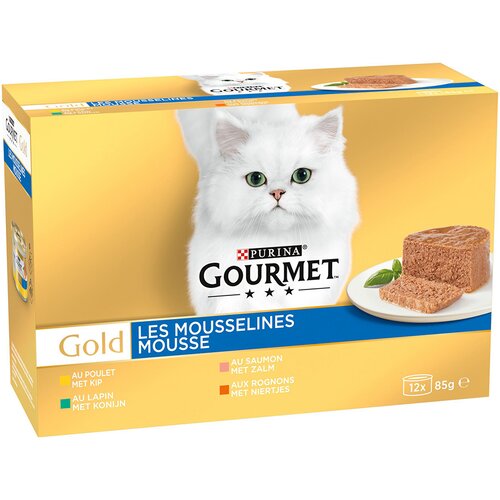 3 + 1 gratis! 4 x Gourmet Gold - Mousse: mje&amp;scaron;ov. pakiranje (kunić, piletina, losos, bubrezi) 4 x (12 x 85 g) Slike