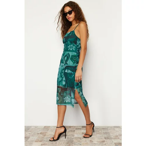 Trendyol Emerald Green Strappy Fitted/Sleeping Square Neck Tulle Knitted Midi Dress