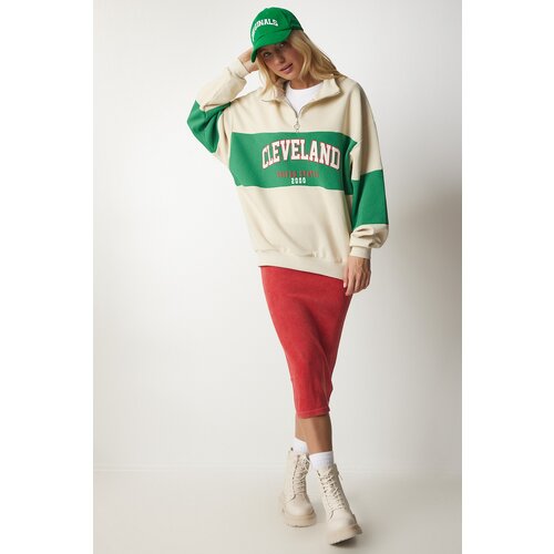  Women's Cream Green Color Block Print Oversized Sweatshirt Cijene