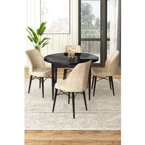 Hanah home Rox - Black Marble, Cream Black MarbleCream Dining Table & Chairs Set (5 Pieces) Cene