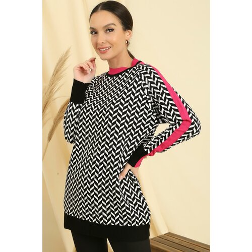 By Saygı Zigzag Pattern Collar And Sleeve Ends Striped Comfort Fit Knitwear Tunic Slike