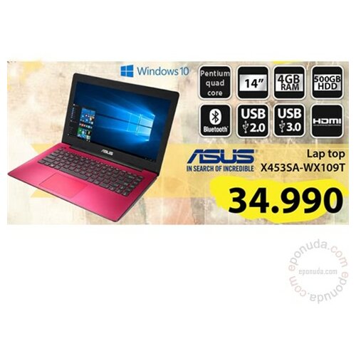 Asus X453SA-WX109T 14'' Intel Quad-Core Pentium N3700 1.6GHz (2.4GHz) 4GB 500GB Windows 10 Home 64bit ODD Pink laptop Slike
