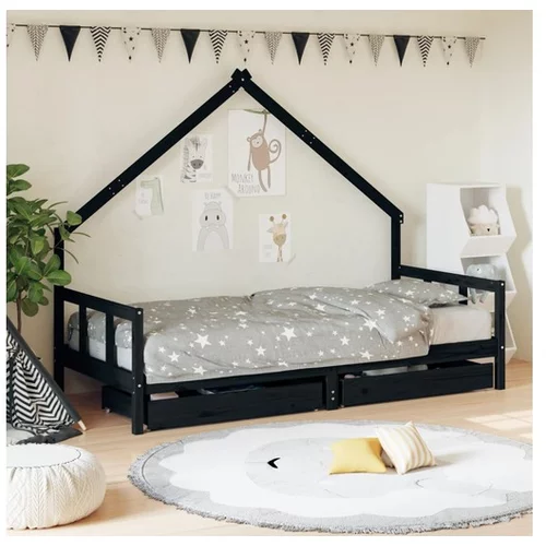 vidaXL Otroški posteljni okvir s predali črn 90x200 cm trdna