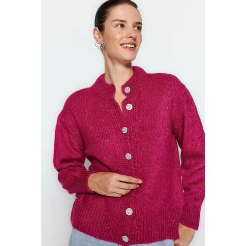 Trendyol Fuchsia Soft Textured Knitwear Cardigan with Jeweled Buttons