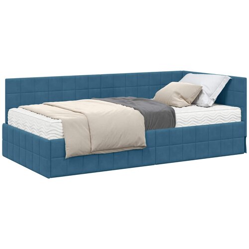 vidaXL Kutni krevetni okvir s madracem s uzglavljem 2 pcs Plava Baršun - Plava 90 x 190 cm Cene