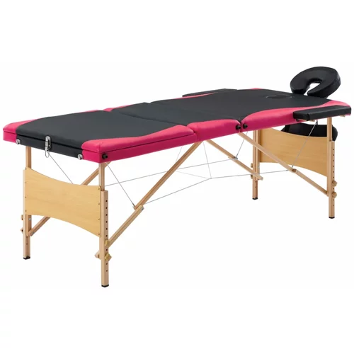 Sklopivi stol za masažu s 3 zone drveni crno-ružičasti