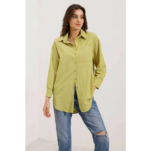 Bigdart 20217 Pocket Detailed Striped Oversize Shirt - Green