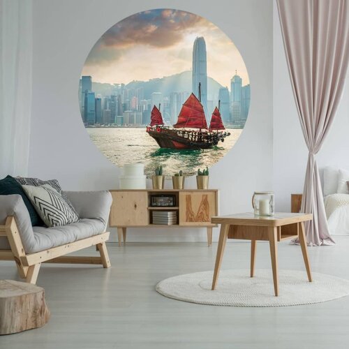 WallArt Okrogla tapeta Skyline with Junk Boat 190 cm Slike