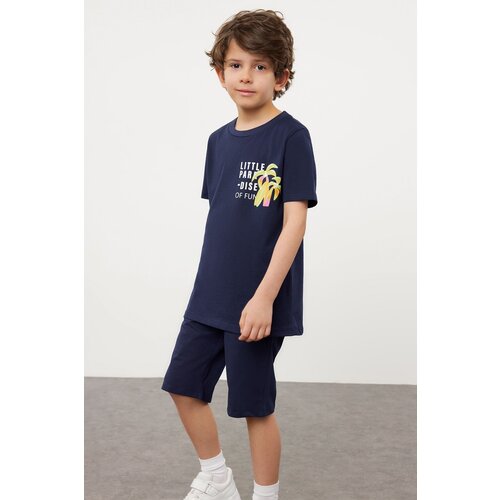 Trendyol navy blue boy printed short sleeve t-shirt shorts knitted set bottom-top set Cene