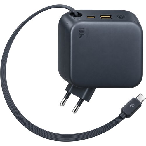Baseus EnerCore CJ11 GaN stenski polnilec z vgrajenim USB-C kablom ter USB-A in USB-C vhodoma 100W črne barve Slike