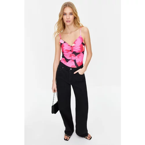 Trendyol Pink Flower Patterned V-Neck Stretchy Snap-on Knitted Bodysuit