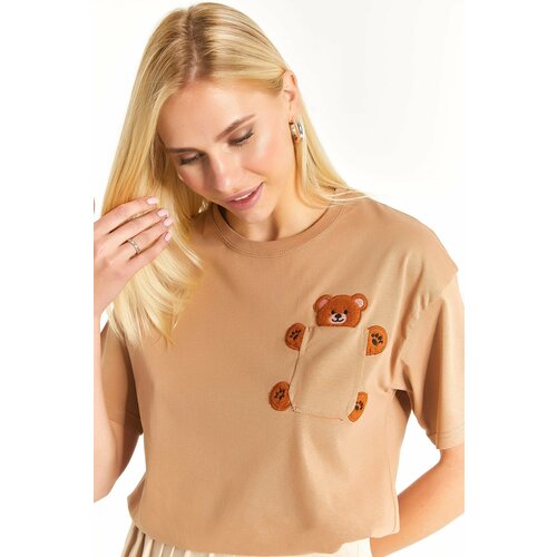 armonika Women's Mink Oversized T-shirt with Pocket Pocket and Teddy Bear Slike
