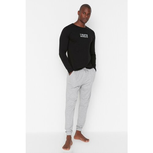 Trendyol Men's Black Slogan Printed Regular Fit Knitted Pajamas Set Slike