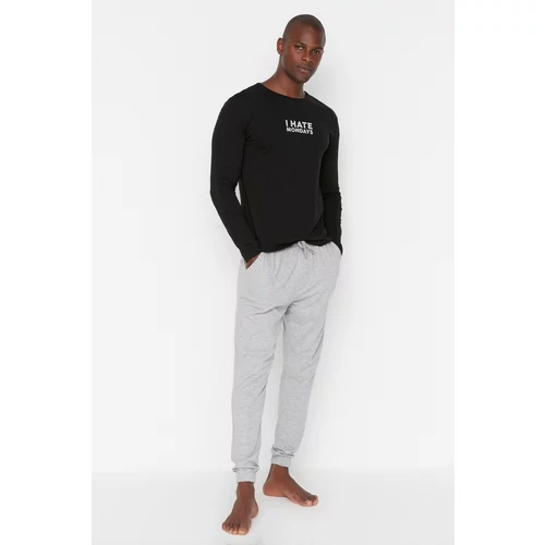 Trendyol Men's Black Slogan Printed Regular Fit Knitted Pajamas Set