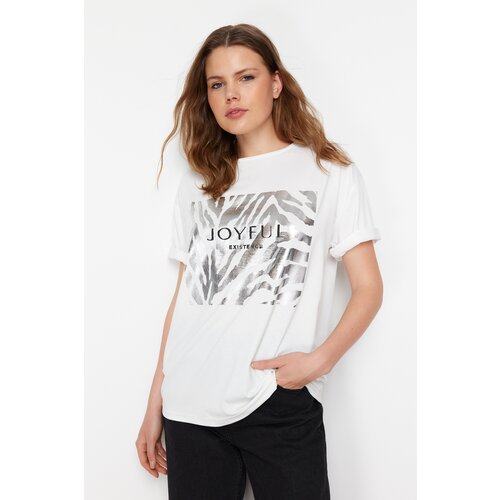 Trendyol White 100% Cotton Foil and Slogan Printed Knitted T-Shirt Slike