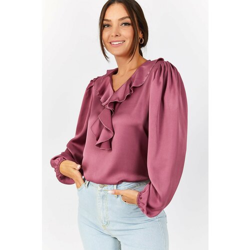armonika Women's Dry Rose Rose Collar Frilly Cotton Satin Blouse with Gatherings on the Shoulders and Elasticated Sleeves Slike