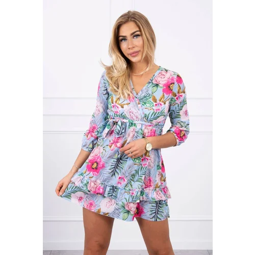 Kesi Floral dress with tie at the waist in azure color