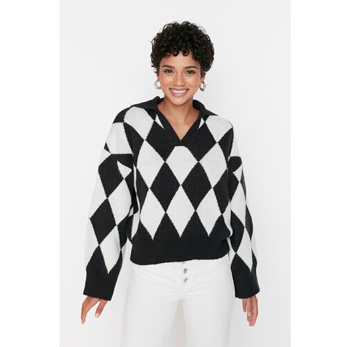Trendyol Black Oversize Jacquard Knitwear Sweater Slike