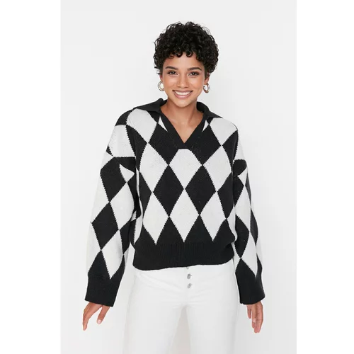 Trendyol Black Oversize Jacquard Knitwear Sweater