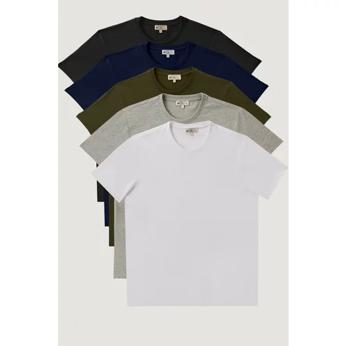 AC&Co / Altınyıldız Classics Men's White-navy blue-black-khaki-gray Melange Slim Fit Crew Neck 100% Cotton T-Shirts of 5 Pack.