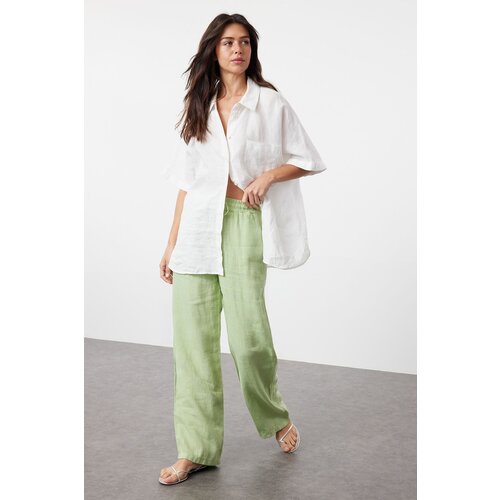 Trendyol Mint 100% Linen Elastic Waist High Waist Wide Leg Trousers Slike