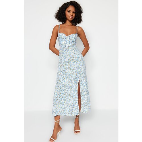 Trendyol Blue Patterned Tie Detailed Strappy Sweetheart Neck Slit Midi Woven Dress Slike