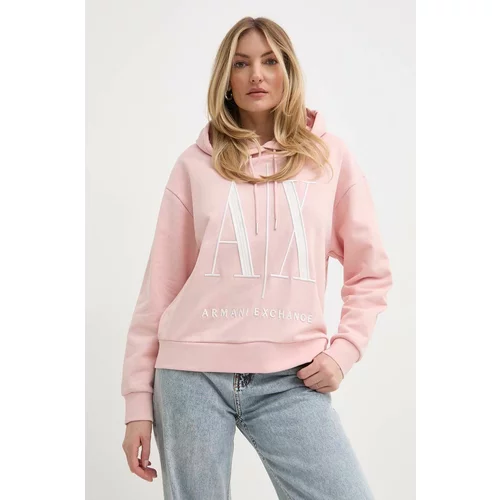 Armani_Exchange Bombažen pulover ženska, roza barva, s kapuco
