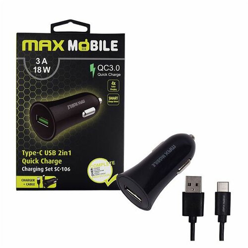 Max Mobile AUTO ADAPTER USB SC-106 QC 3.0,18W QUICK CHARGE 3A + TYPE C CRNI Cijene