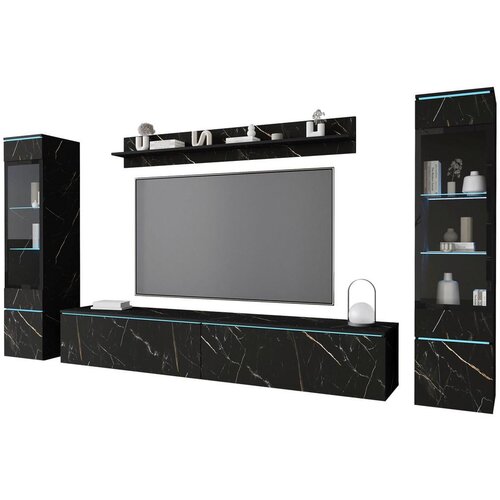 Livetastic Dnevni Regal Vera, Črna Marmorirana, 4-Delno, Led Slike