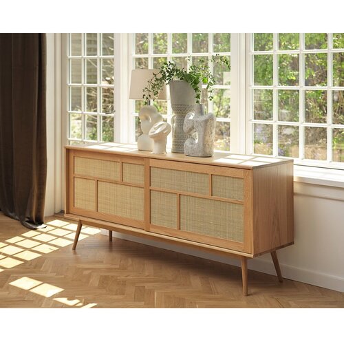 Unique Furniture Nizka komoda v hrastovem dekorju z drsnimi vrati v naravni barvi 180x80 cm Barrali &amp;ndash; Slike